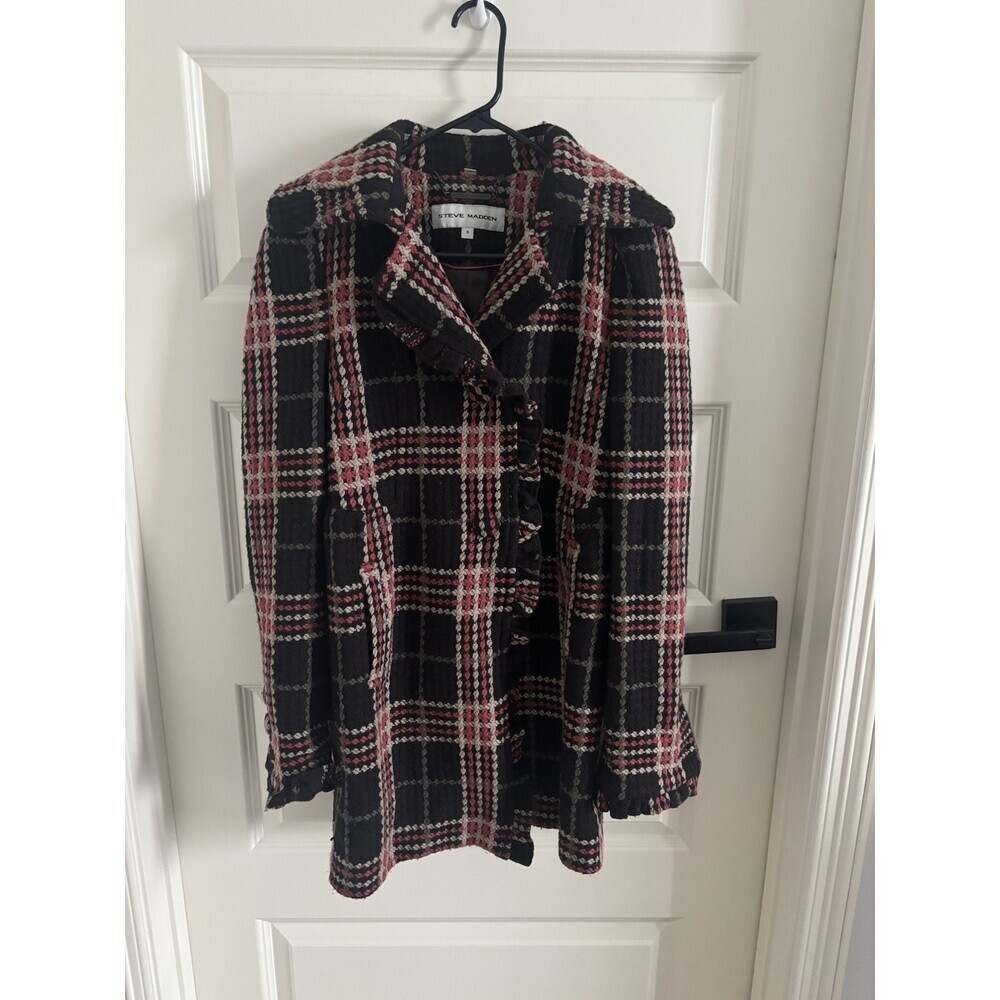 Steve Madden Women's Plaid Jacket S Black Red White Button Lined Ruffle